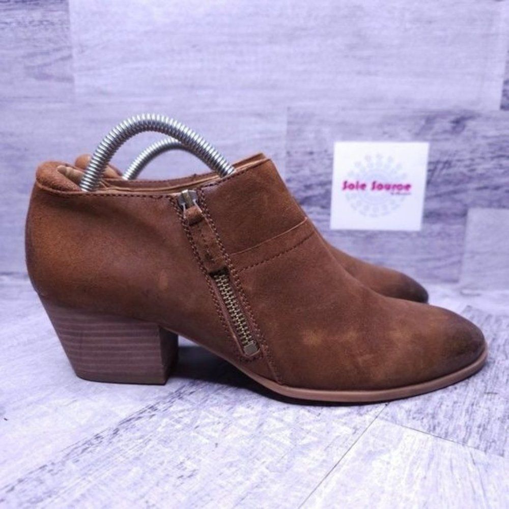 Franco Sarto Greco Burnished Toe Suede Block Heel Ankle Boot Brown Women's sz 9
